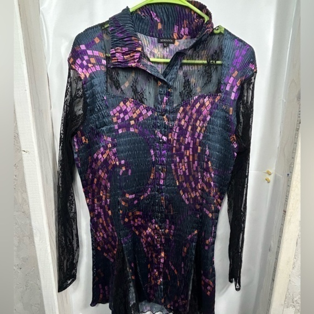 Komarov pleated‎ lace button front shirt